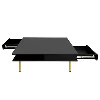 High gloss coffee table with golden legs and drawers, 2-tier center for living room