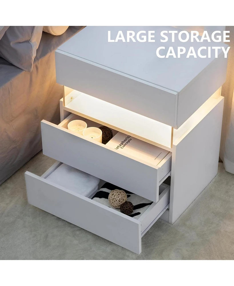 Modern Led Nightstand with 3 Drawers and Multi-Color Rgb Lighting