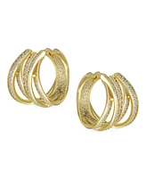 Bling Jewelry Modern Five Rows Micro Pave Cz Wide Criss Cross Huggie Hoop Earrings Formal Party Yellow Gold Plated Hinge Style 0.6 Inch Diameter