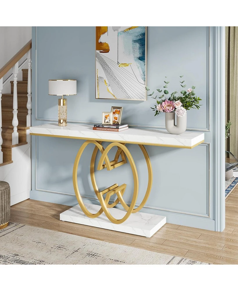 Tribesigns 55 Inch Console Table for Hallway, Faux Marble Gold Entryway Table with Geometric Metal Base, Modern Narrow Sofa Accent Table for Entrance,