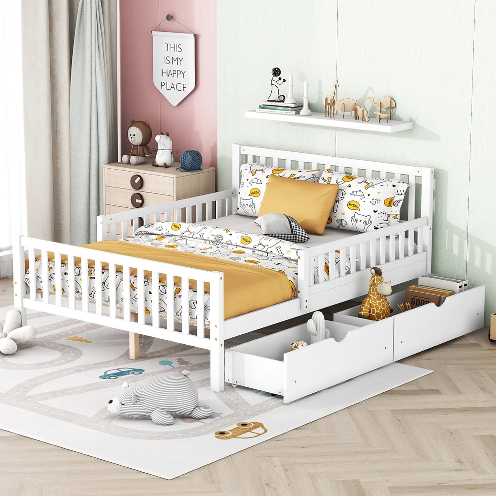 Full Size Wood Platform Bed with Guardrails on Both Sides and Two Storage Drawers, Gray