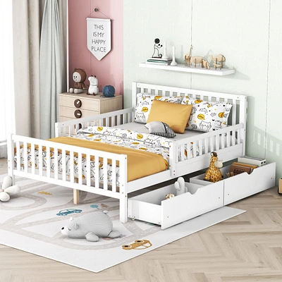 Full Size Wood Platform Bed with Guardrails on Both Sides and Two Storage Drawers, Gray