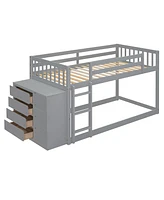 Simplie Fun Twin over Twin Bunk Bed with 4 Drawers and 3 Shelves-Gray