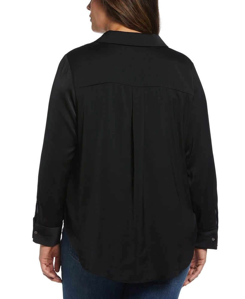 Rafaella Plus Size Notch Collar Silk Long Sleeve Button-Down Blouse