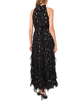 1.state Women's Print Smocked Cascade-Ruffle Halter Maxi Dress