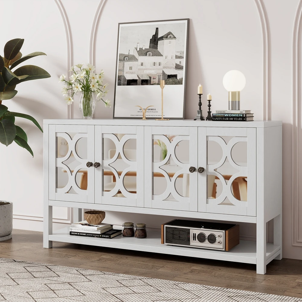 Elegant Retro Console Cabinet with Mirrored Doors and Warm Wood Accents