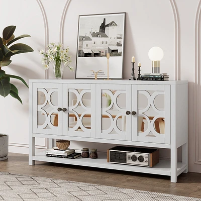 Elegant Retro Console Cabinet with Mirrored Doors and Warm Wood Accents