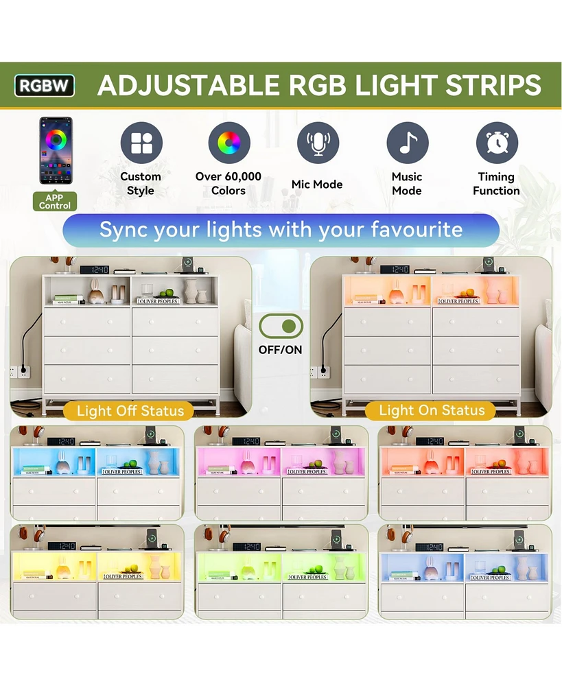gaomon Modern 6 Drawer Double Dresser Tv Stand with Power Outlet & Led Light