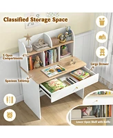 Kids Wooden Study Desk Children Writing Table with Hutch & Drawer