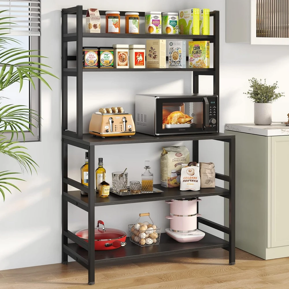 Tribesigns 5-Tier Kitchen Bakers Rack with Hutch, Industrial Microwave Oven Stand, Free Standing Kitchen Utility Cart Storage Shelf Organizer(Black)