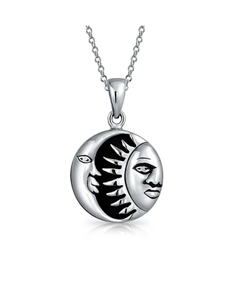 Bling Jewelry Celestial Black Enamel Round Circle Medallion Crescent Moon And Sun Pendant Necklace Sterling Silver