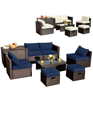 8 Pcs Outdoor Wicker Furniture Set with Storage Box Tempered Glass Table 2 Ottomans