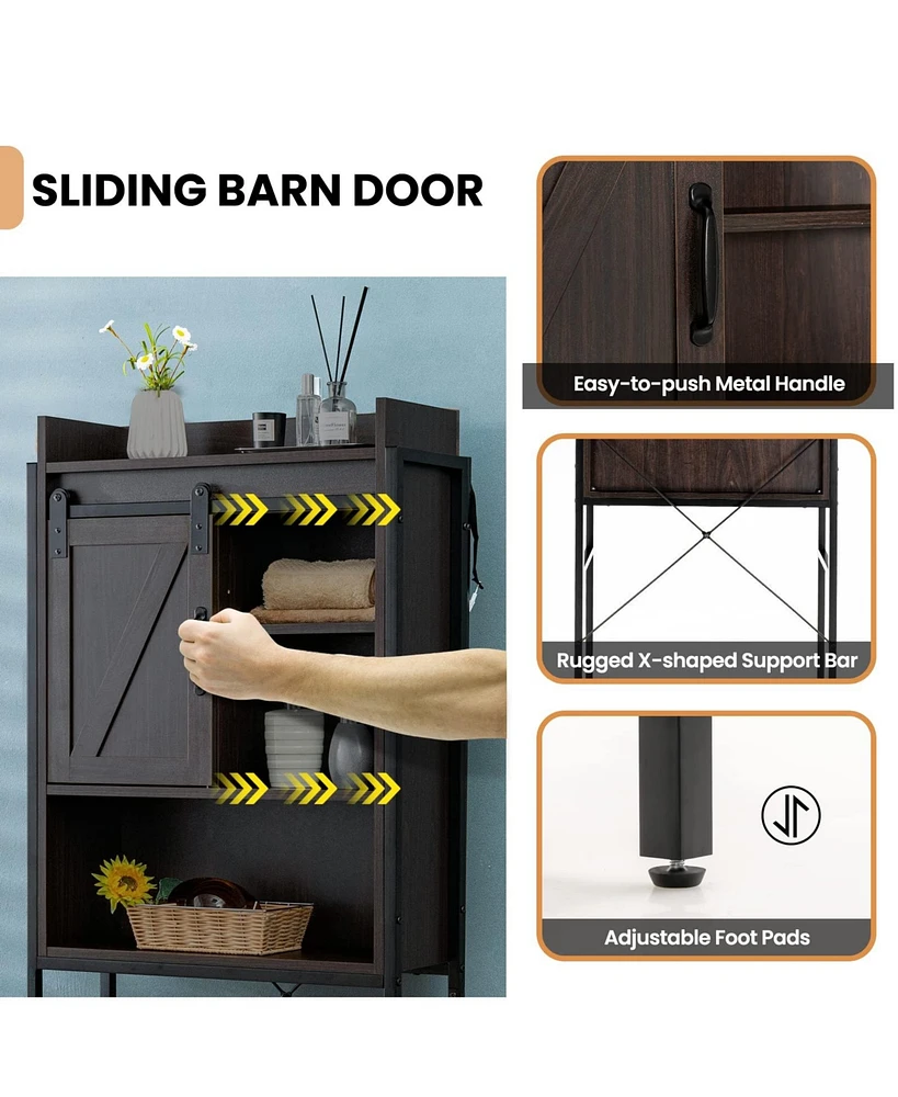 4-Tier Multifunctional Toilet Sorage Cabinet with Adjustable Shelf and Sliding Barn Door