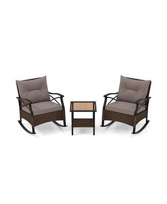 3 Pieces Outdoor Rattan Rocking Chairs Set with 2-Tier Side Table