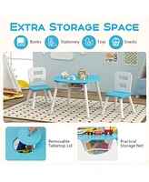 Kids Wooden Round Table & 2 Chair Set w/ Center Mesh Storage