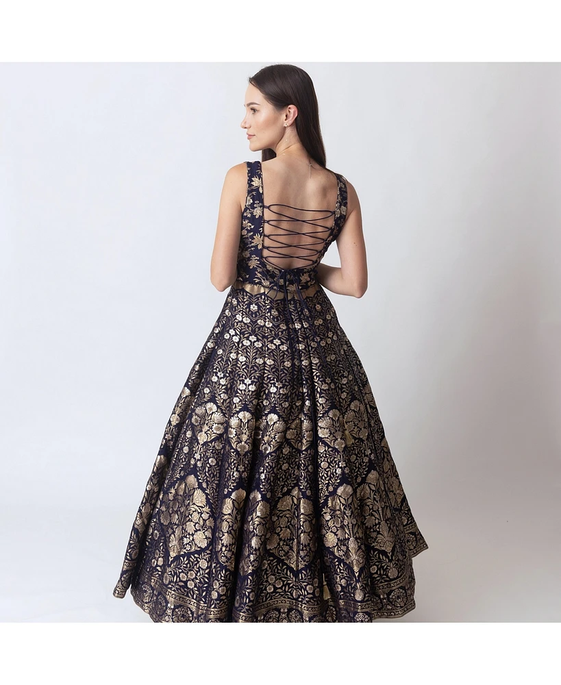 Raas Women's Blue and Gold Brocade Gown