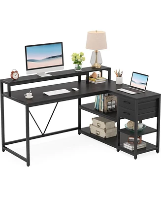 Tribesigns 55-inches Reversible L Shaped Desk with Drawer, Modern White Corner Home Office Table Storage Shelves and Monitor Stand, Wooden