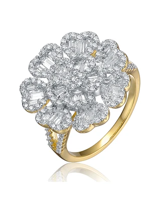Sterling Silver 14k Gold Plated Cubic Zirconia Cluster Heart Petal Flower Ring