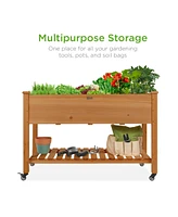 Best Choice Products Raised Garden Bed 48x23x32in Wood Mobile Elevated Planter w/ Wheel Locks, Shelf, Liner