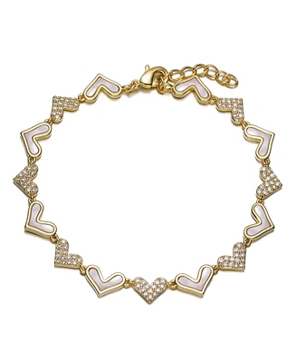 Sterling Silver 14K Gold Plated Heart Cubic Zirconia and Mother of Pearl Link Bracelet