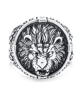 Bling Jewelry Big Statement Masculine King Of Jungle Round Viking Signet Roaring Lion Ring Solid Oxidized .925 Sterling Silver