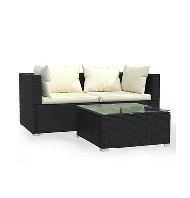 vidaXL Patio Furniture Set 3 Piece with Cushions Black Poly Rattan