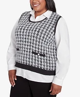 Alfred Dunner Plus Size Runway Ready Houndstooth Two in One Collared Sweater