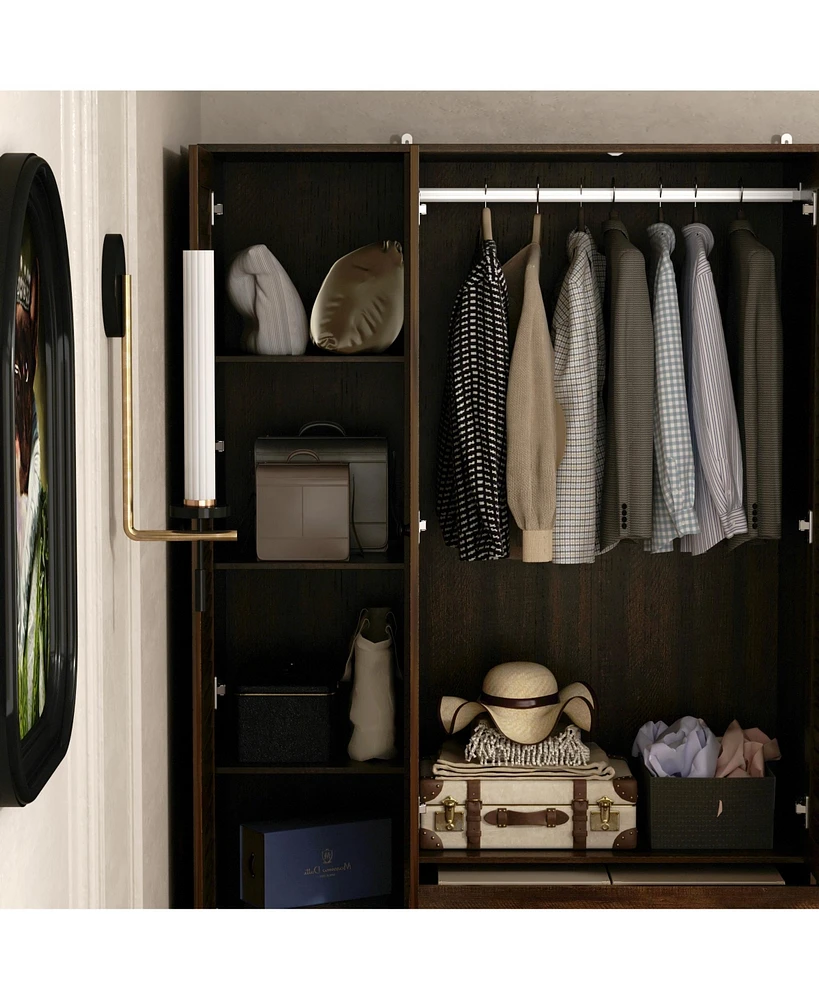 Homsee Brown Wood 4 Shutter Doors Armoires Wardrobe with Drawers, Hanging Rod