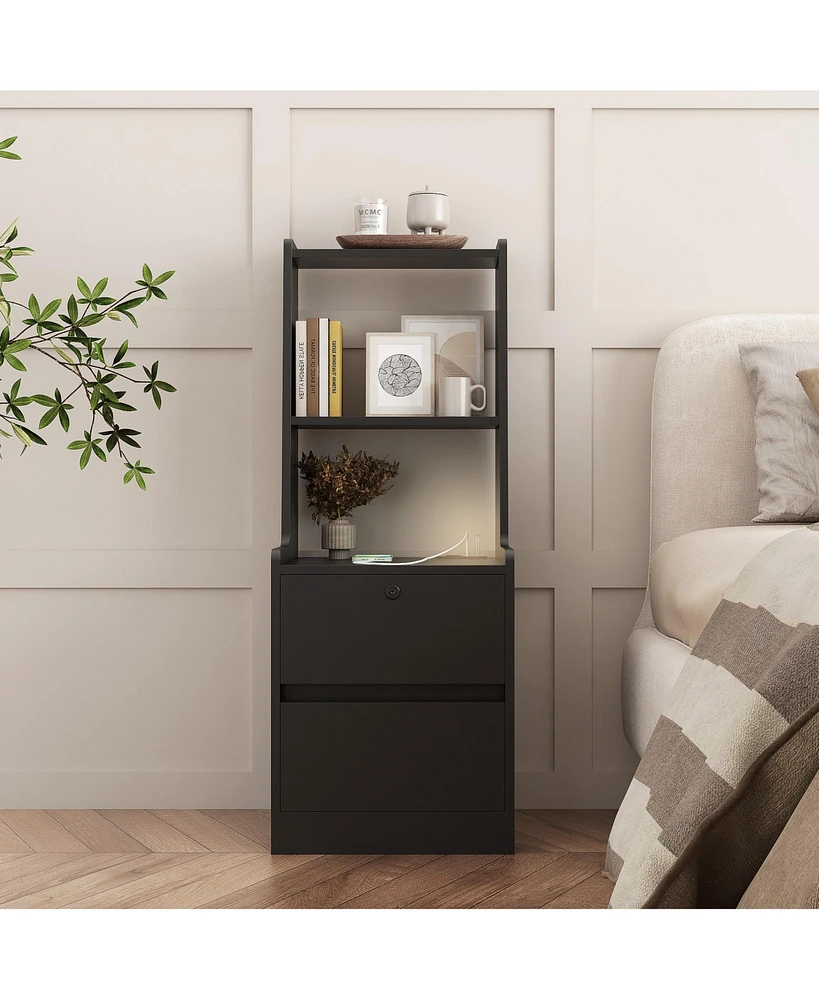 Slickblue Modern Nightstand with Charging Station, Night Light, Bookshelf & Storage Cabinet – Black