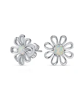 Bling Jewelry White Rainbow Created Opal Daisy Flower Pendant Necklace .925 Sterling Silver
