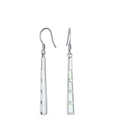 Bling Jewelry Boho Long Linear Iridescent Rainbow White Created Opal Teardrop Bar Shaped Dangle Earrings Rose Gold .925 Sterling Silver