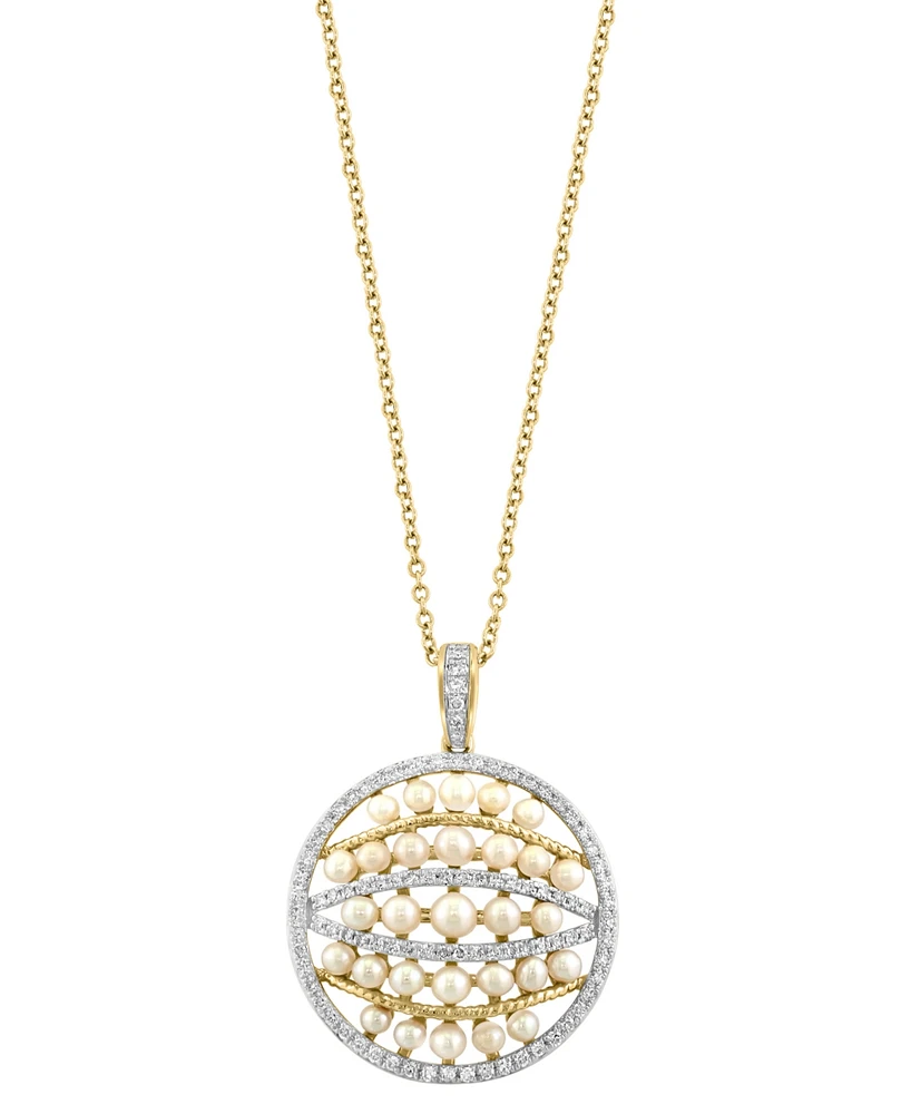 Effy Cultured Freshwater Pearl (2-3mm) & Diamond (1/3 ct. t.w.) Multirow Circle Cluster 18" Pendant Necklace in 14k Gold