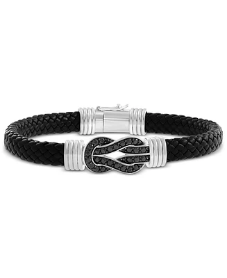 Effy Men's Black Spinel Infinity Loop Woven Leather Bracelet (1-5/8 ct. t.w.) in Sterling Silver