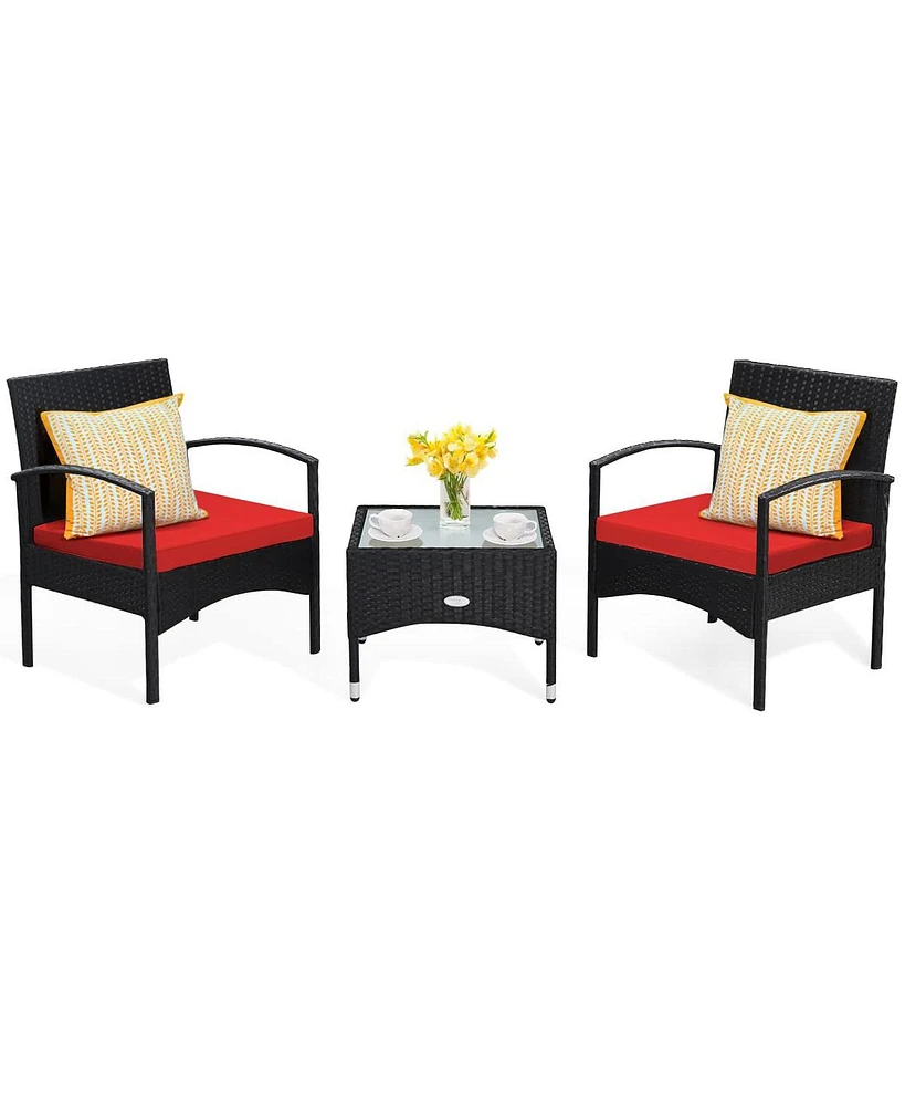 Sugift 3 Pieces Patio Wicker Rattan Furniture Set with Cushion for Lawn Backyard