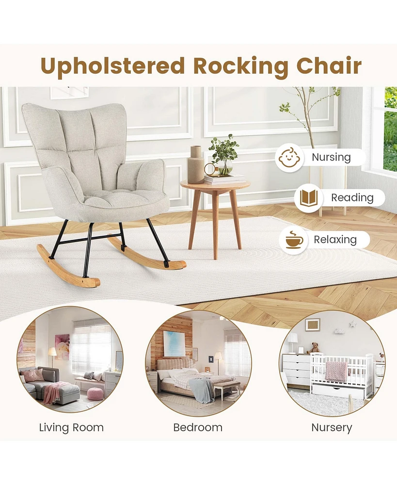 Linen Nursery Rocking Chair with High Backrest Padded Armrests & Seat for Nursery Light