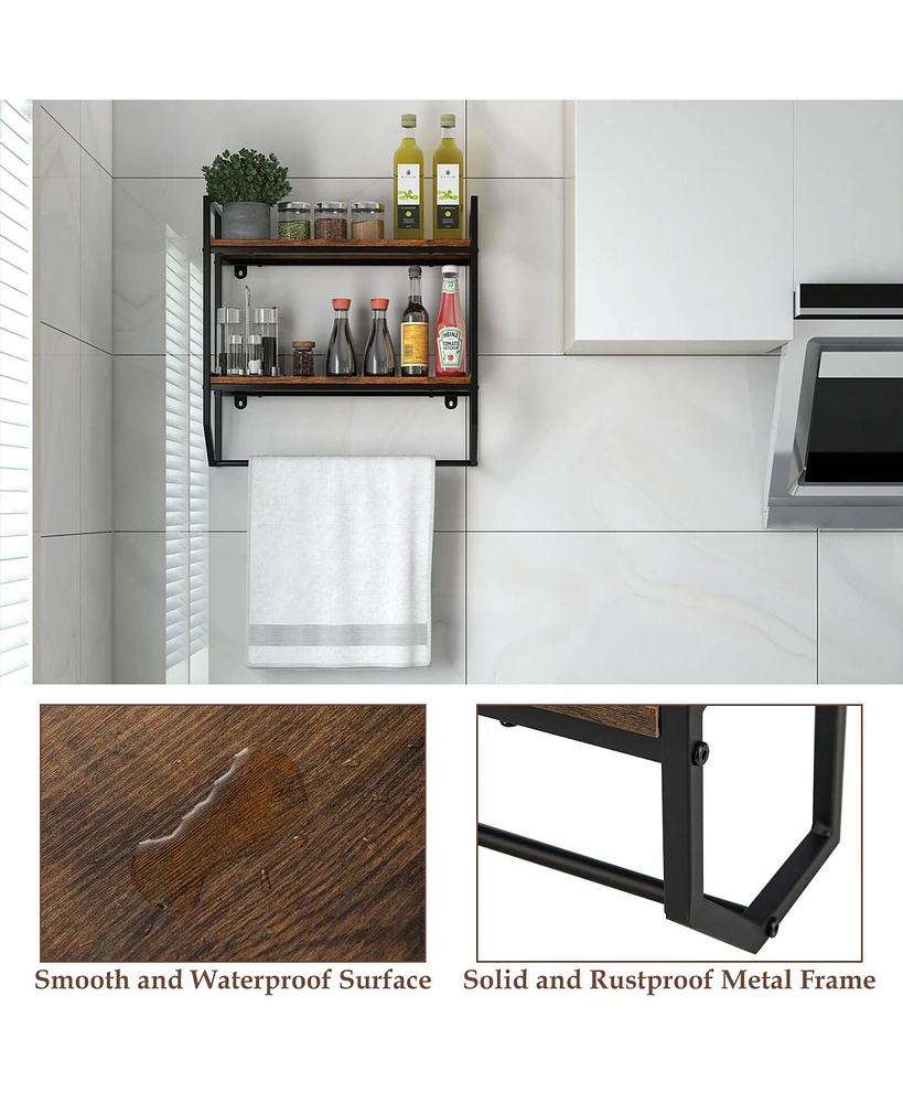 Gymax Wall Mounted Bathroom Shelf Industrial 2-Tier Storage Rack w/ Towel Bar Kitchen
