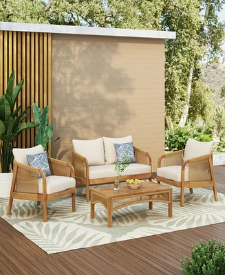 4-Pieces Acacia Wood Patio Furniture Set, Outdoor Furniture With Coffee Table, Patio Conversation Set Deep Seating With Soft Cushion, Porch Chairs For