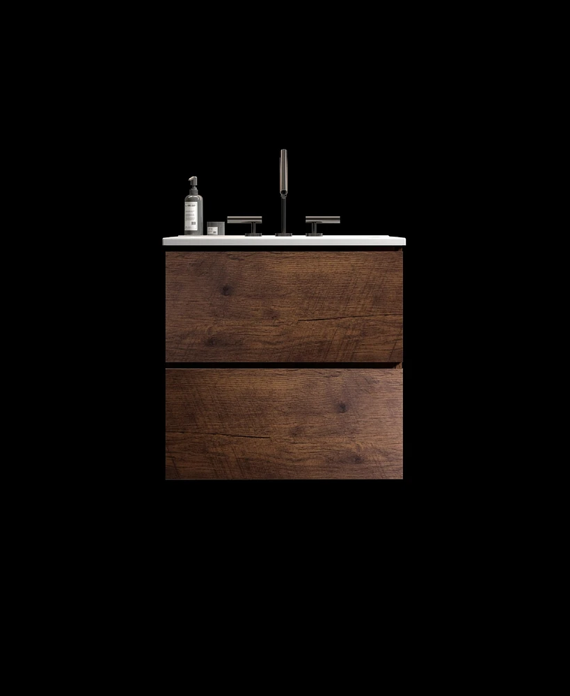 Wall Mount 24" Walnut Bathroom Vanity with Ceramic Sink with three faucet holes, Large Storage Floating Bathroom Vanity for Modern Bathroom, One-