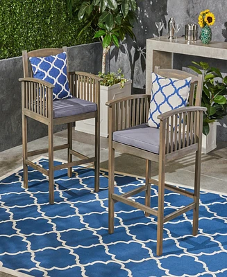 Acacia Wood Outdoor Barstools With Water-Resistant Cushions (Set Of 2)
