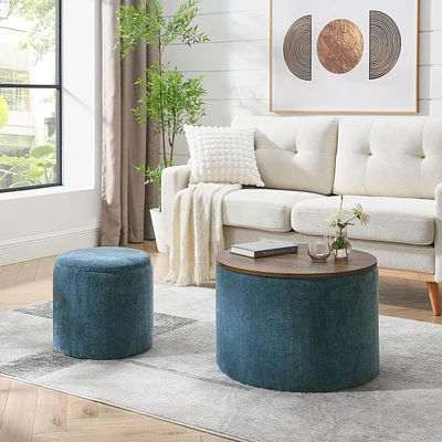 2-Piece Set Round Chenille Storage Ottoman, Equipped with a Drum Shaped Small Stool, Storage Space, and Mdf Made Desktop Panel (Dark Blue23.62" x