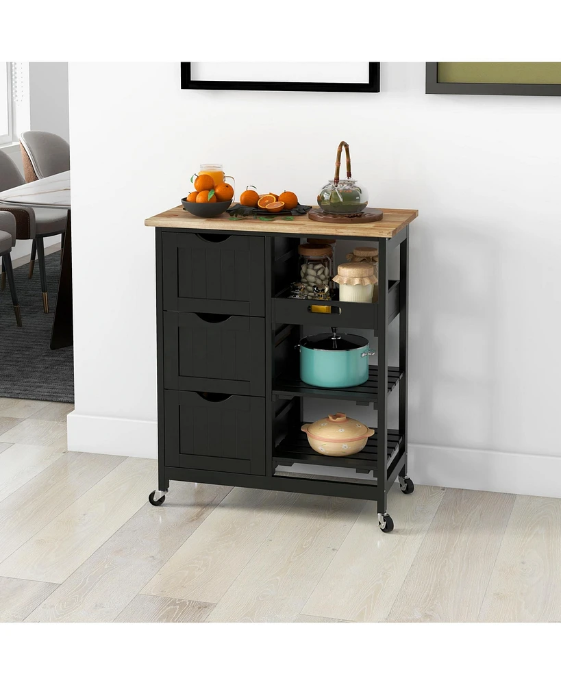 Rolling Kitchen Island Cart, Bar Serving Cart, Compact Trolley on Wheels with Wood Top, Shelves & Drawers for Home Dining Area, Black