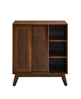 Mid Century Modern Rattan Sideboard Cabinet, Buffet Cabinet for Entryway Hallway Living Room Kitchen Dining Room Bedroom, Adjustable Shelf & Solid Woo