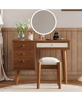39" Retro Bohemian Style Wooden Makeup Vanity Set with Charging Plug&Usb Port and Stool, Dressing Table with 3 Storage Drawers and 1 Rectangular