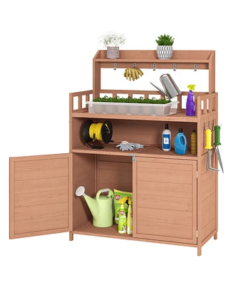Potting Bench Outdoor Gardening Table for Outside Wood Garden Planting Workstation Work Benches with Large Storage Cabinet & Top Shelf for Patio