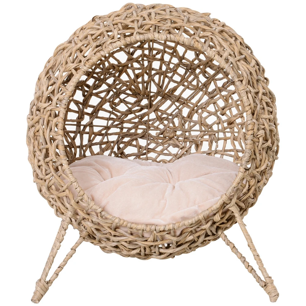 20.5" Weaved Cat Bed, Elevated Hand-woven Braided Banana Leaf Kitten House Condo with Cushion, Beige