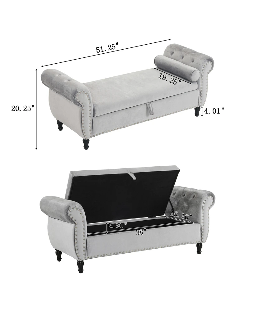 Velvet Multifunctional Storage Rectangular ottoman bench with 1 Pillow, Beige