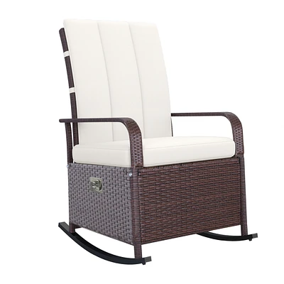 Streamdale Furniture Wicker Outdoor Rocking Chair, Patio Recliner with Adjustment Backrest, Pe Rattan Lounge Chair with Adjustable Footrest and Cushio