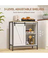 Farmhouse Sideboard Buffet Cabinet, Coffee Bar Cabinet with Sliding Barn Door and Adjustable Shelf, Kitchen Storage Cabinet with Metal Frame, White an