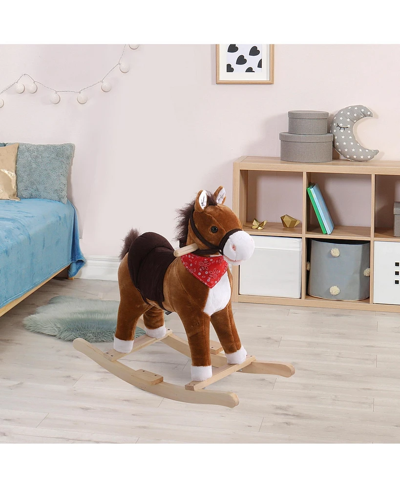 Kids Ride on Rocking Horse Plush Toy with Realistic Sounds and Red Scarf for Over 3 Years Old Birth Gift