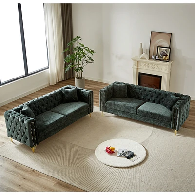 Chenille Pull Buckle Design Sofa for Living Room, Buttons Tufted With Copper Nail Decoration Armrest, Modern Couch Upholstered Button And Metal Legs